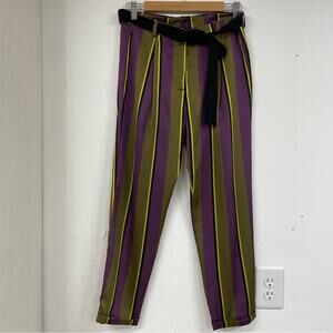 Sandro Ferrone Womens Purple & Green Vertical Striped Dress Pants S Tie Waist